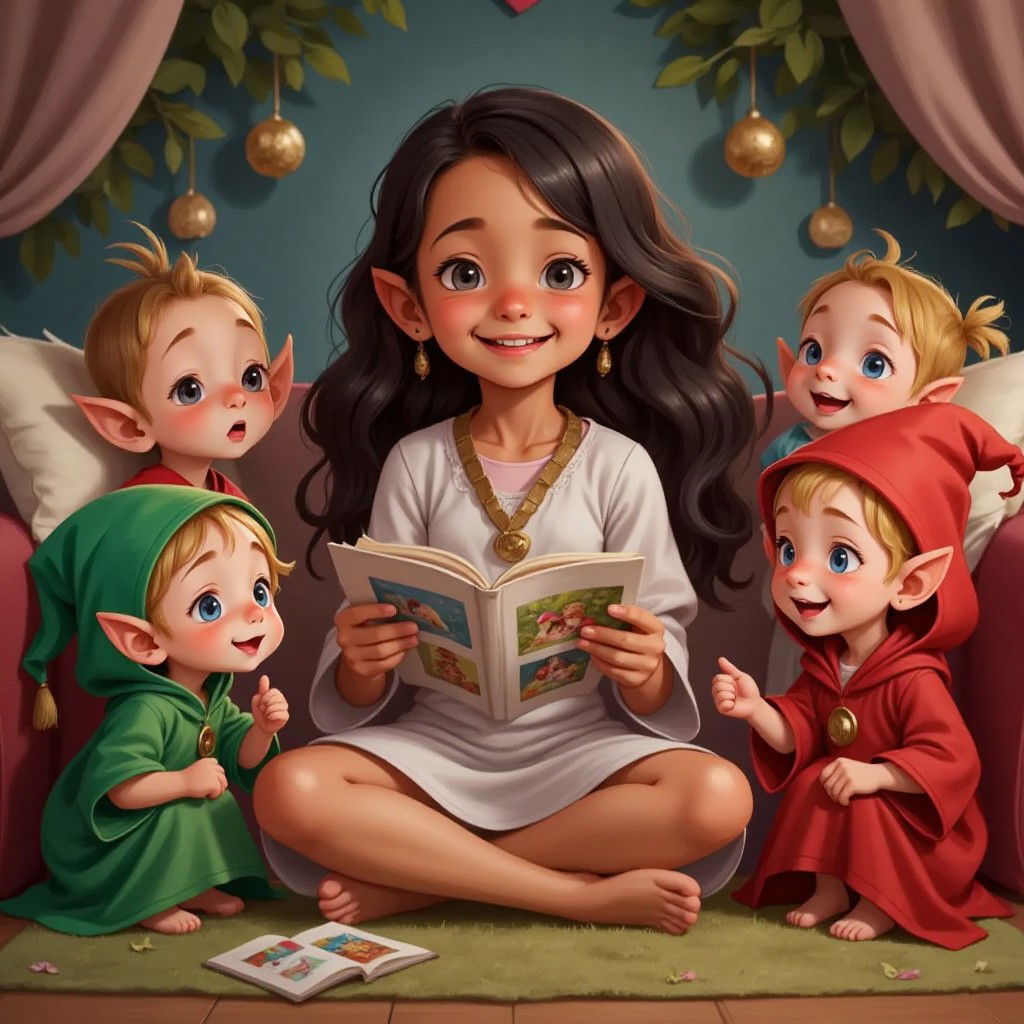 Aubree holding a memory book filled with photos, sitting with all four elves around her