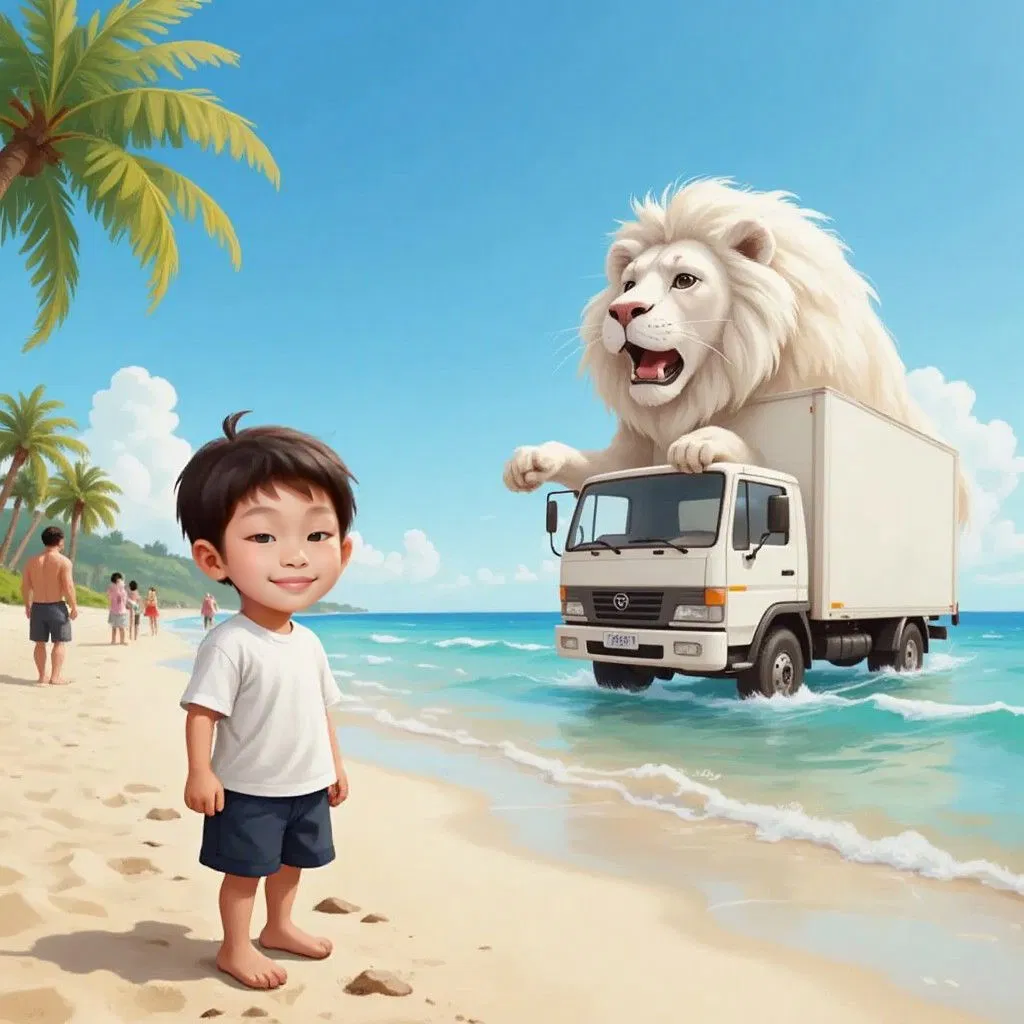 Seth is smiling while standing on a sunny beach, looking amazed at a large white lion driving a white delivery truck. A mysterious silver metallic machine visible in the truck bed