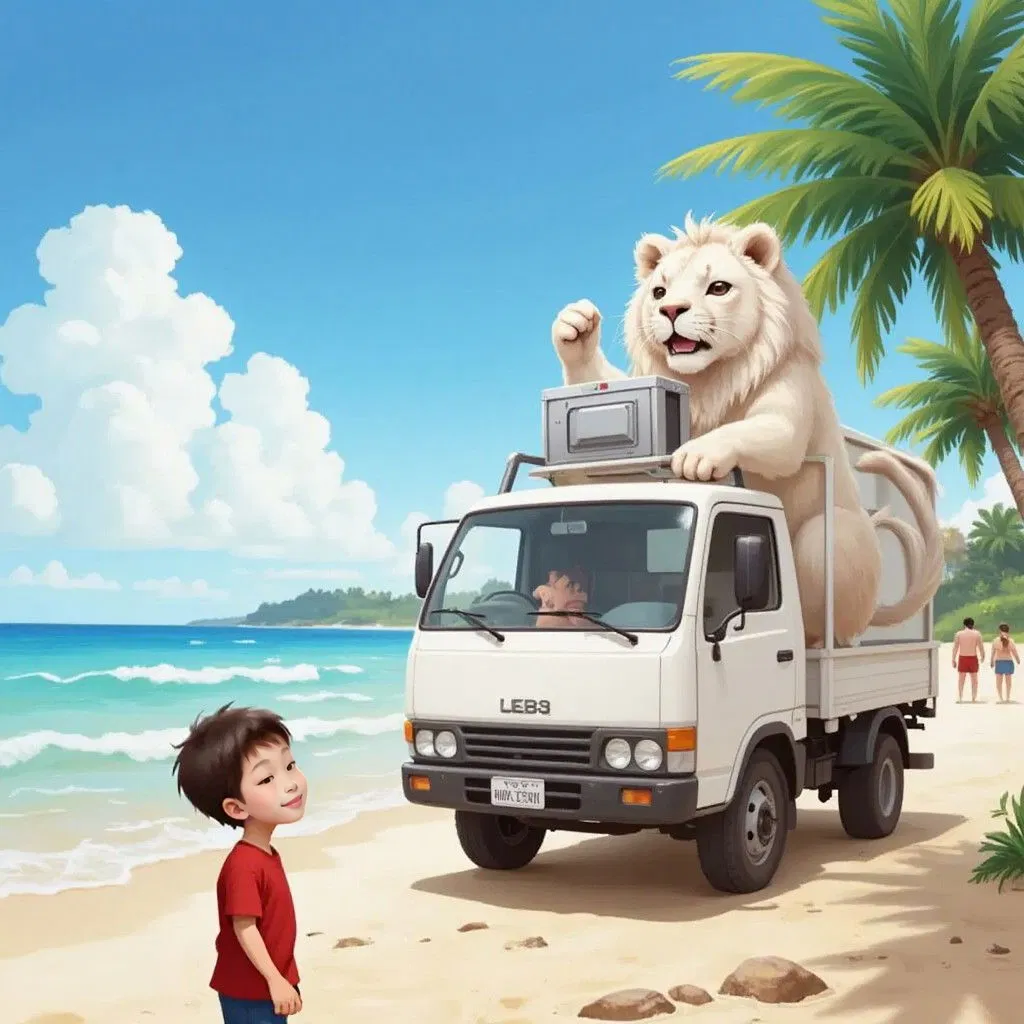 Seth is smiling while standing on a sunny beach, looking amazed at a large white lion driving a white delivery truck. A mysterious silver metallic machine visible in the truck bed