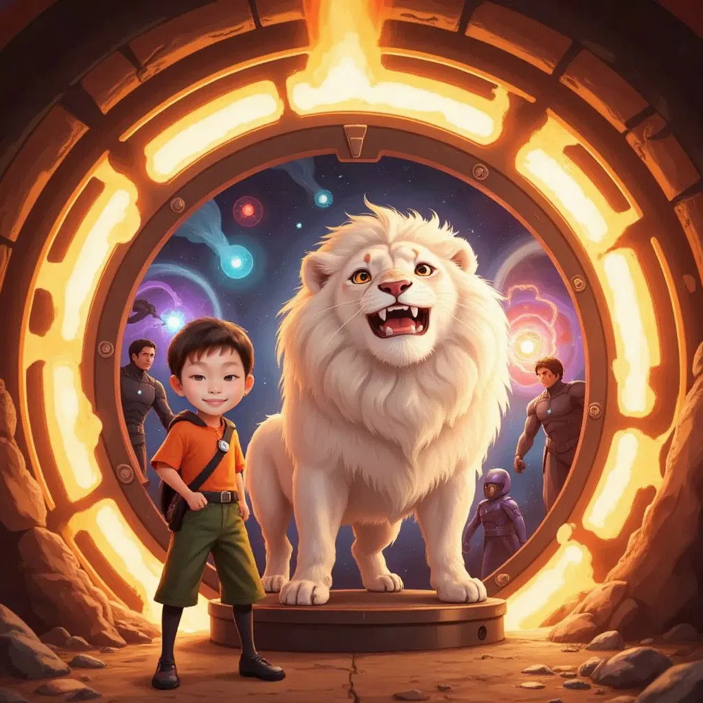 Seth and a majestic white lion inside a futuristic time machine, surrounded by bright orange solar flames. The fantastic 4 are using their powers their visible in the background