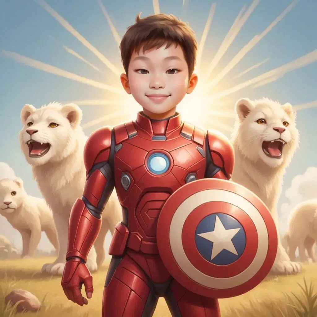 Seth wearing a combination of superhero elements - red Iron Man armor, Captain America's shield, and Spider-Man's web patterns. A pack of majestic white lions behind him. They are standing on the sun