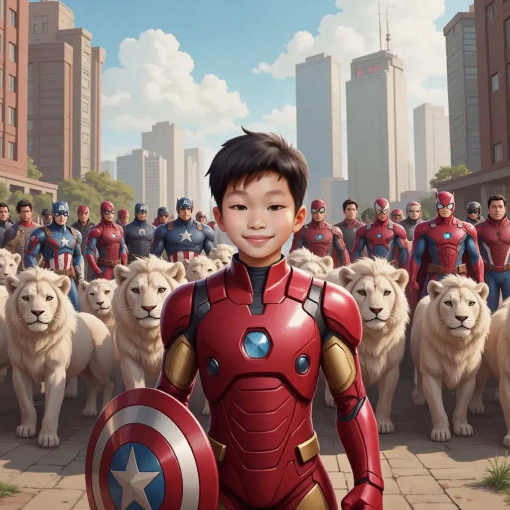 Seth wearing a combination of superhero elements - red Iron Man armor, Captain America's shield, and Spider-Man's web patterns. A pack of 20 majestic white lions behind him accompanied by all the superheros   T