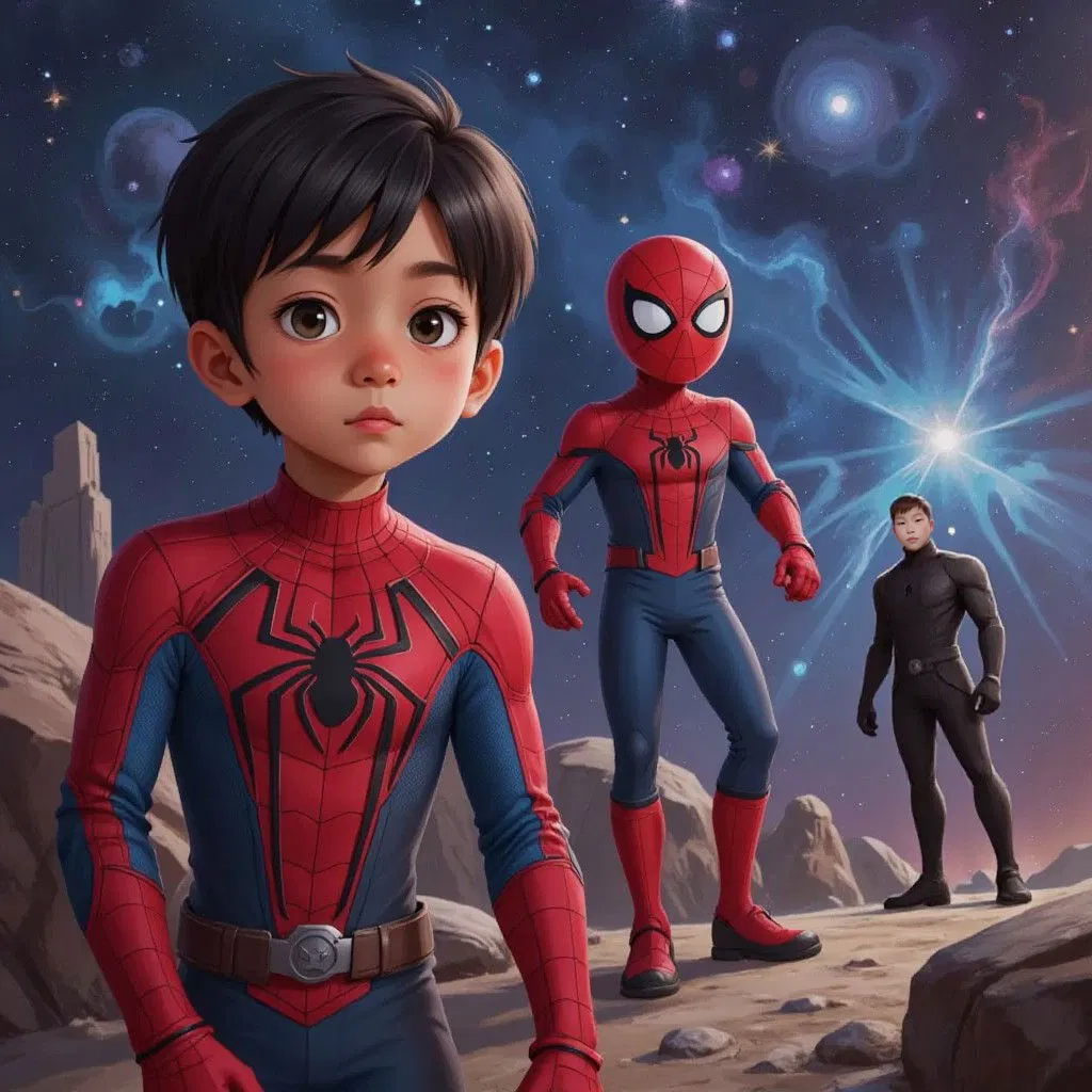 Seth in his combined superhero outfit leading a charge with Spider-Man in red and blue suit beside him. A dark figure (Venos) visible in the distance against the universe backdrop