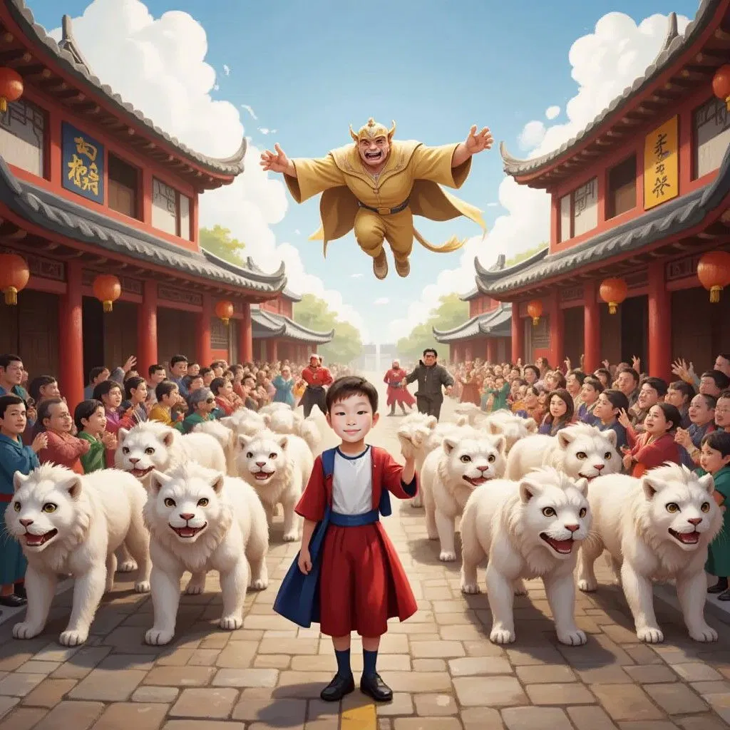 Seth, 20 white lions  and all the superheros walking and flying down a street in a traditional Chinese village with the crowd cheering for them.   