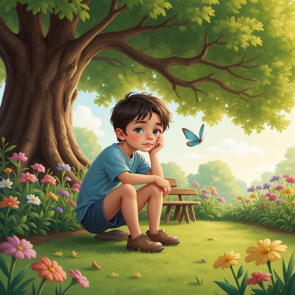 A little boy named Leo sitting under a big oak tree in a garden, looking thoughtful