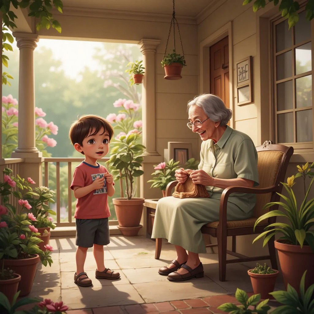 Leo with wide eyes, standing next to his smiling grandmother knitting on a porch