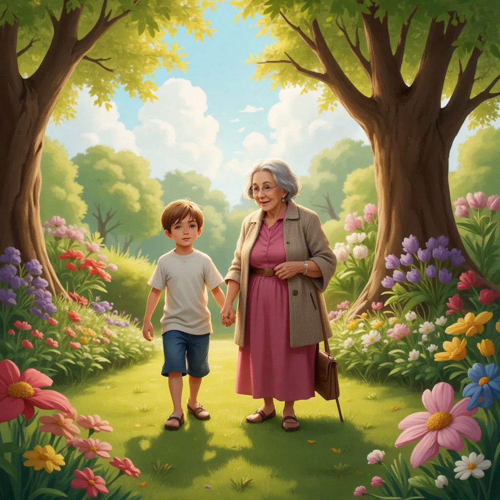 Leo and his grandmother walking in a garden, surrounded by colorful flowers and tall trees