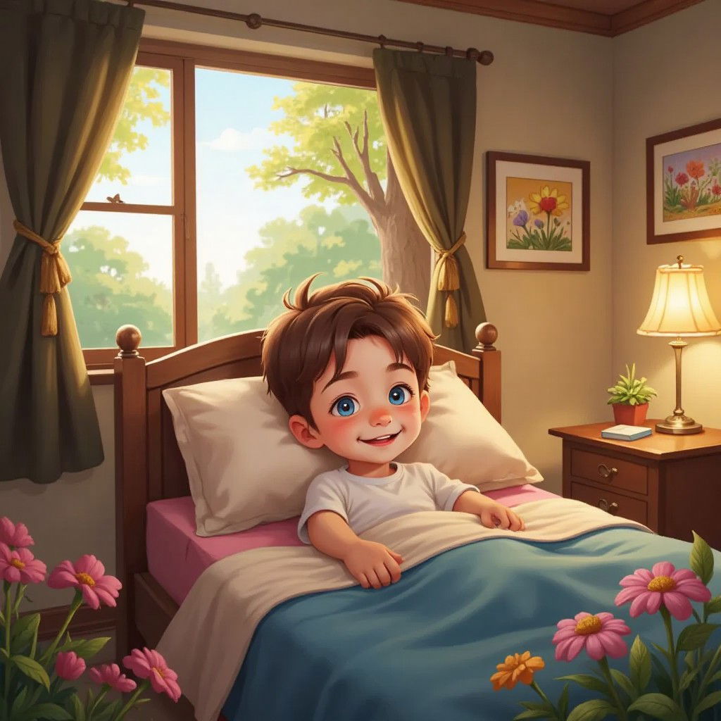 Leo lying in bed, smiling with closed eyes, dreaming of flowers and trees