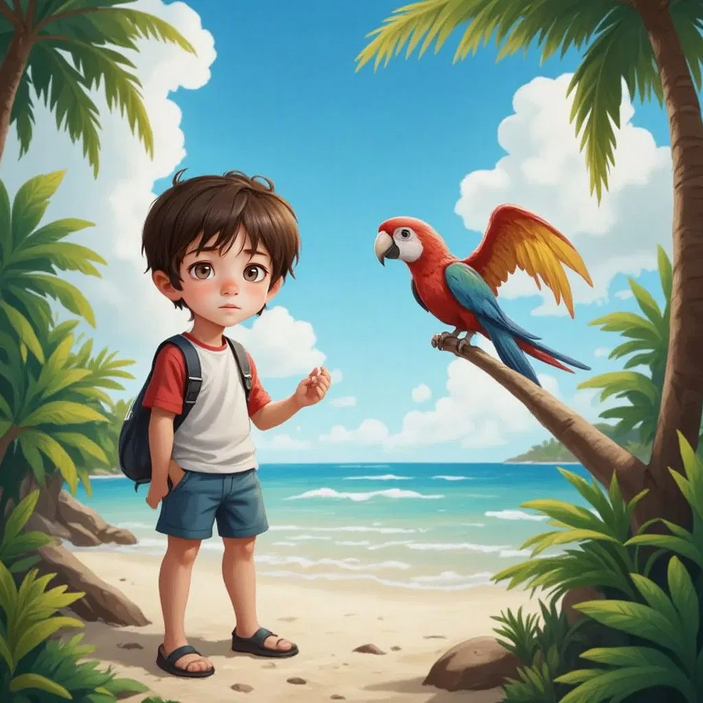 A surprised Finn on a sandy beach, looking up at a colorful red and blue parrot with yellow wings (Polly) perched on a palm tree branch. Tropical island vegetation and ocean in the background