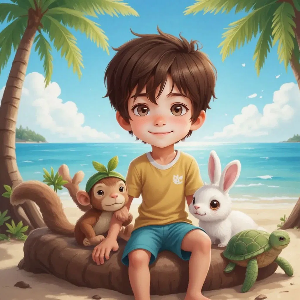 Finn sitting on a beach log, surrounded by his new animal friends: a brown monkey wearing a small leaf crown (Max), a green sea turtle with wise eyes (Tilly), and a white fluffy rabbit with long ears (Ruby). Palm trees and ocean in the background