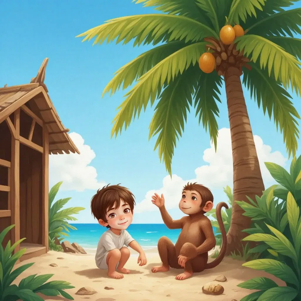 A smiling Finn and the brown monkey beneath a palm tree with coconuts. A half-built wooden shelter visible nearby