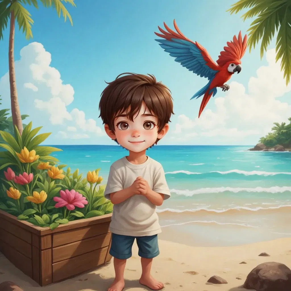 Finn standing proudly next to a wooden raft decorated with palm leaves. The red and blue parrot (Polly) flying above. Ocean and beach in the background