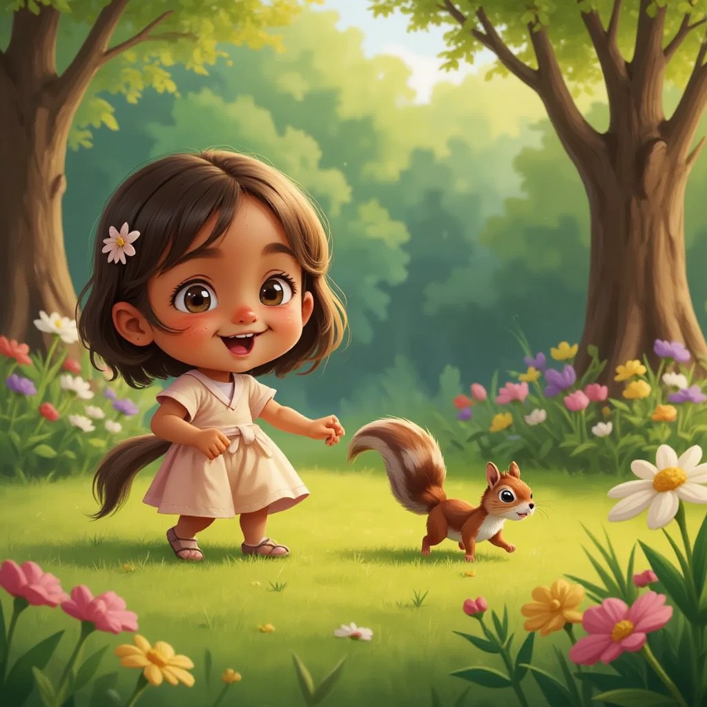 Pary with a curious expression, following a friendly squirrel in a forest clearing filled with colorful flowers