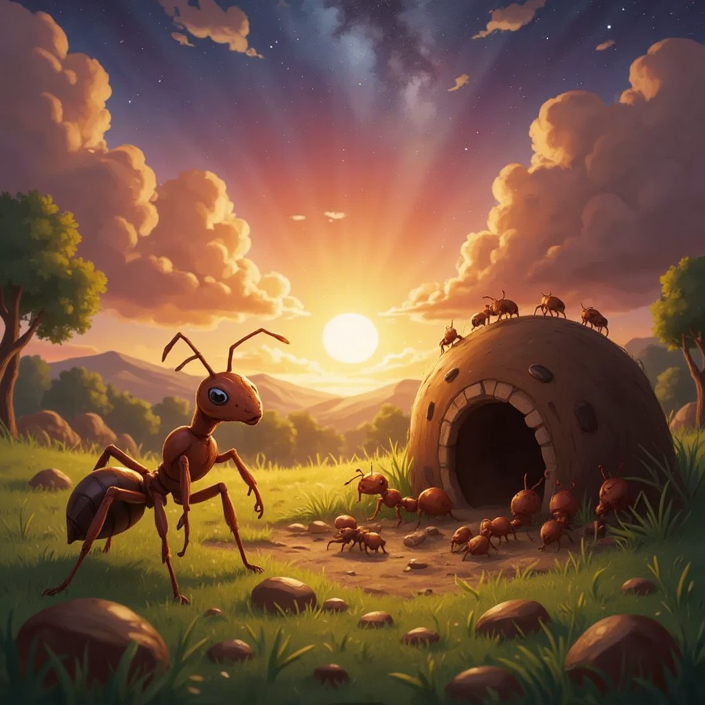Andy the hard-working ant stretching his tiny legs at sunrise near a bustling anthill