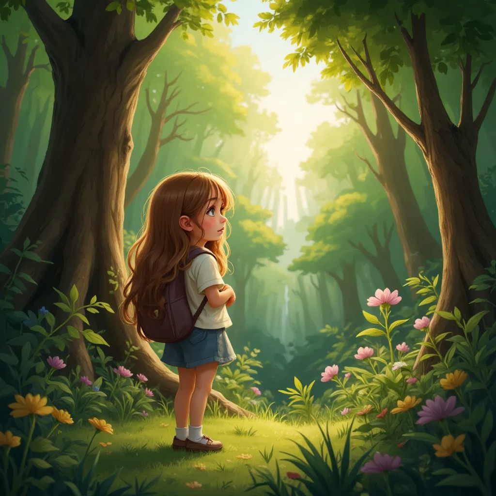 A young girl with a backpack standing at the edge of a mysterious forest on a sunny day