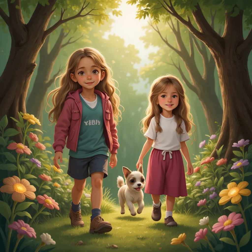 Sarah, Lucy with long blonde hair, and Buzzie Too walking through a magical forest path