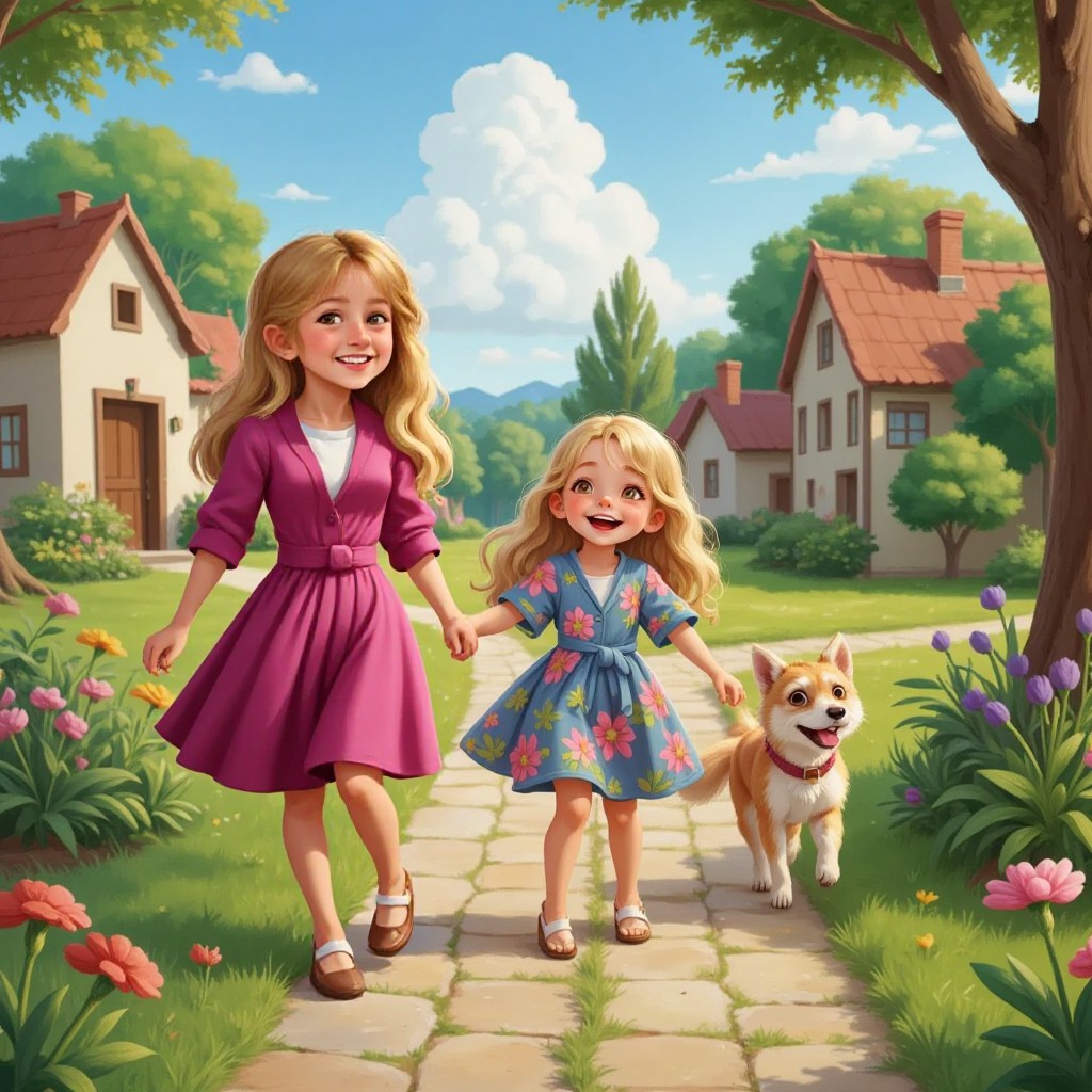 Sarah, Lucy, and Buzzie Too walking back to the village, laughing and joyful