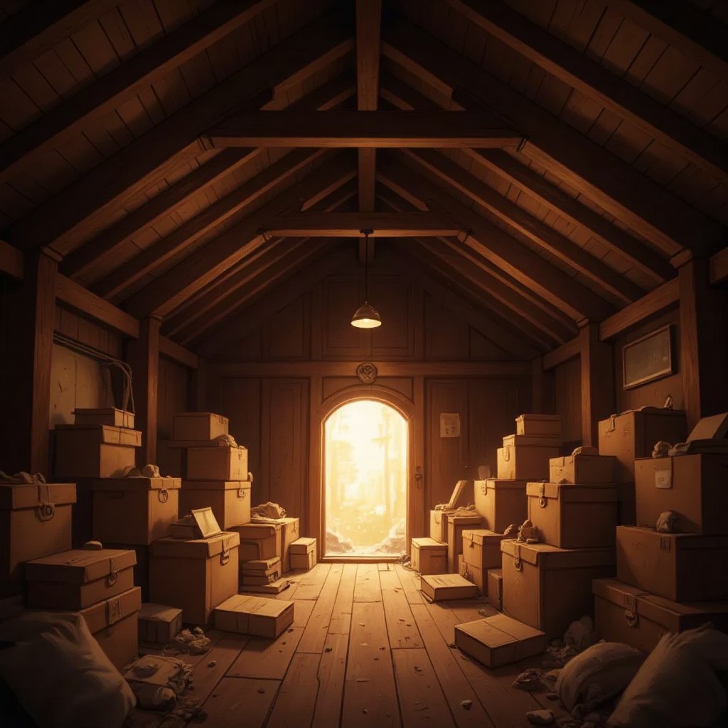 A grand attic with dusty boxes, a hidden passageway glowing with golden light, wooden beams overhead