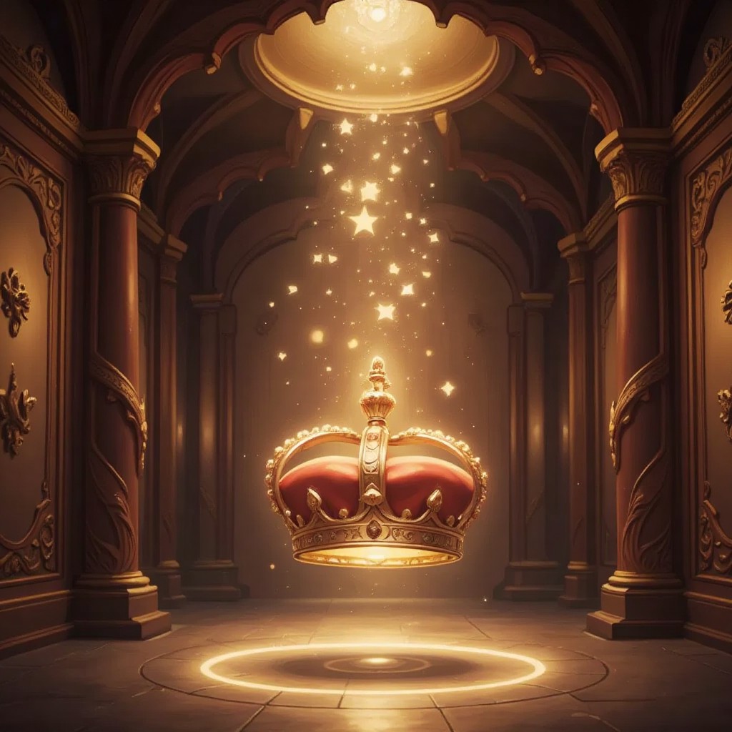 A magnificent crown floating in a magical chamber, adorned with twinkling stars, emitting a soft golden glow