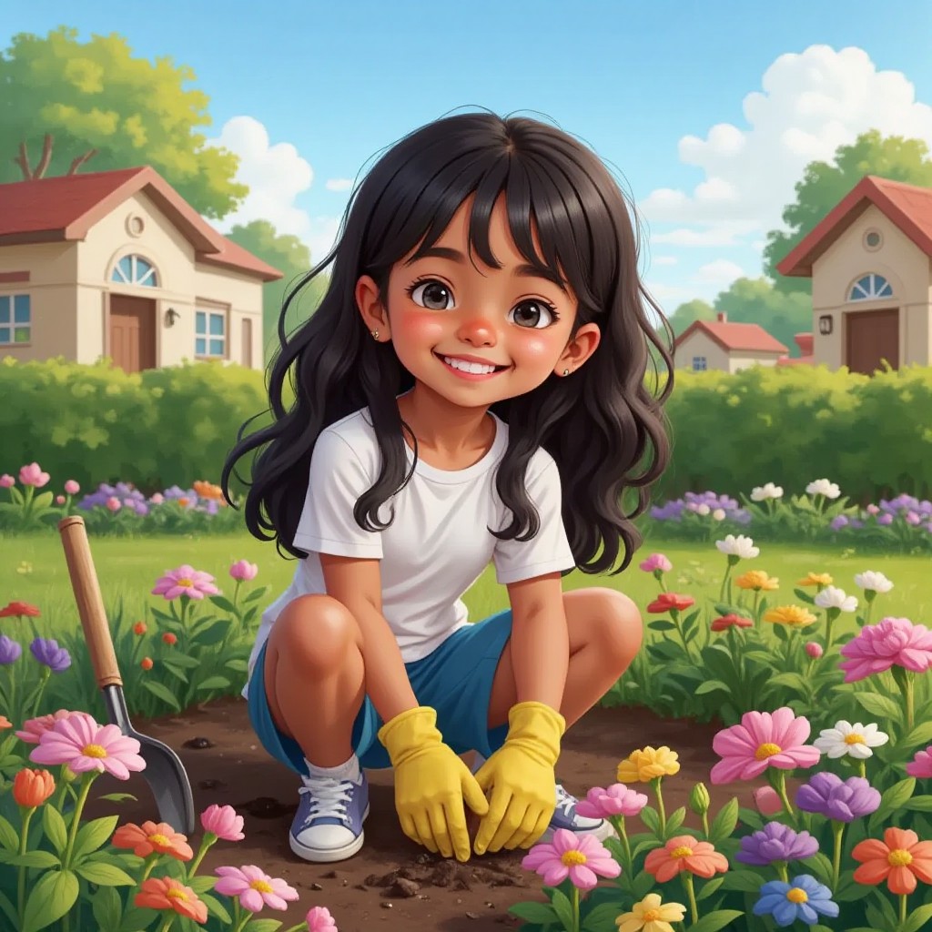Smiling Yazhini planting colorful flowers in a garden, wearing gardening gloves, with neighbors' houses in the background