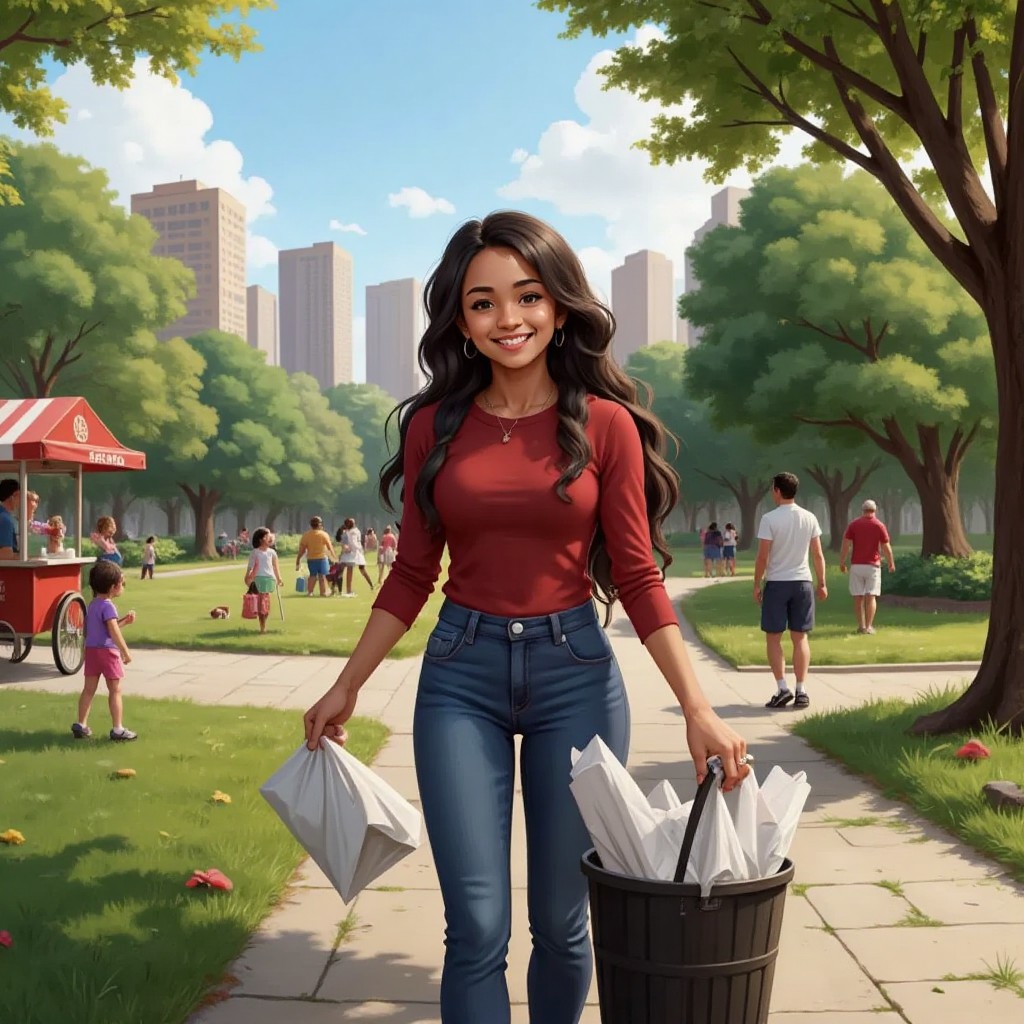 Yazhini picking up litter in a busy New York park, trees and skyscrapers in the background
