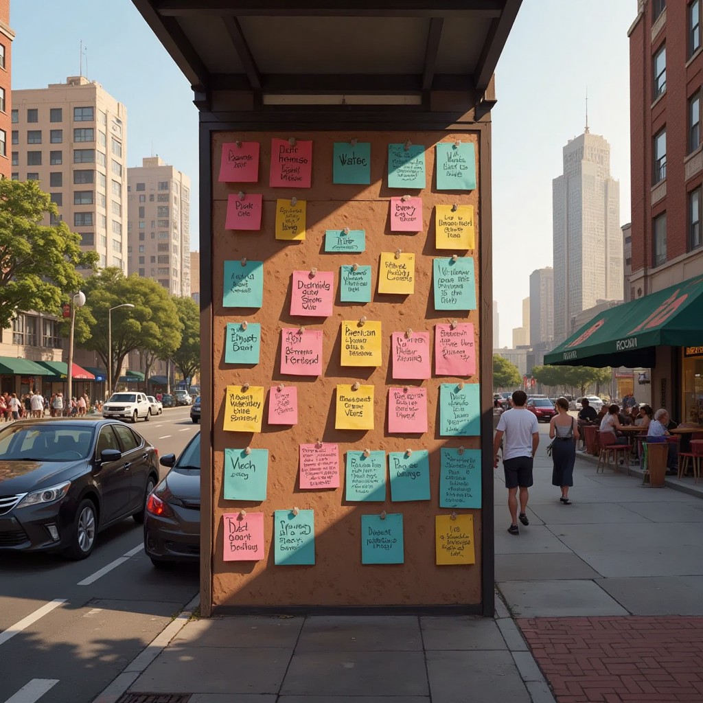 Colorful encouraging notes posted on a city wall, with busy streets in the background