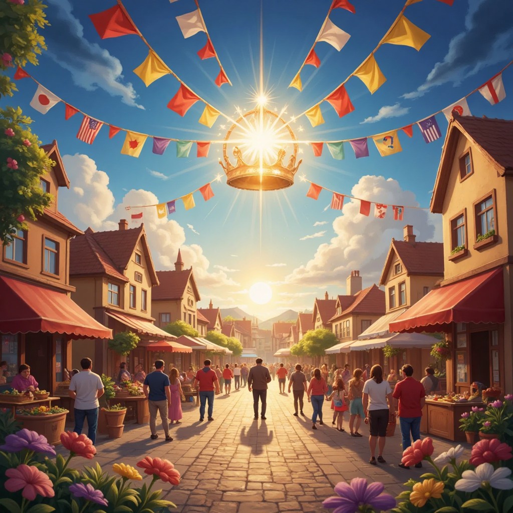 A festive town square decorated with flags from different countries, the star-spangled crown glowing brightly above
