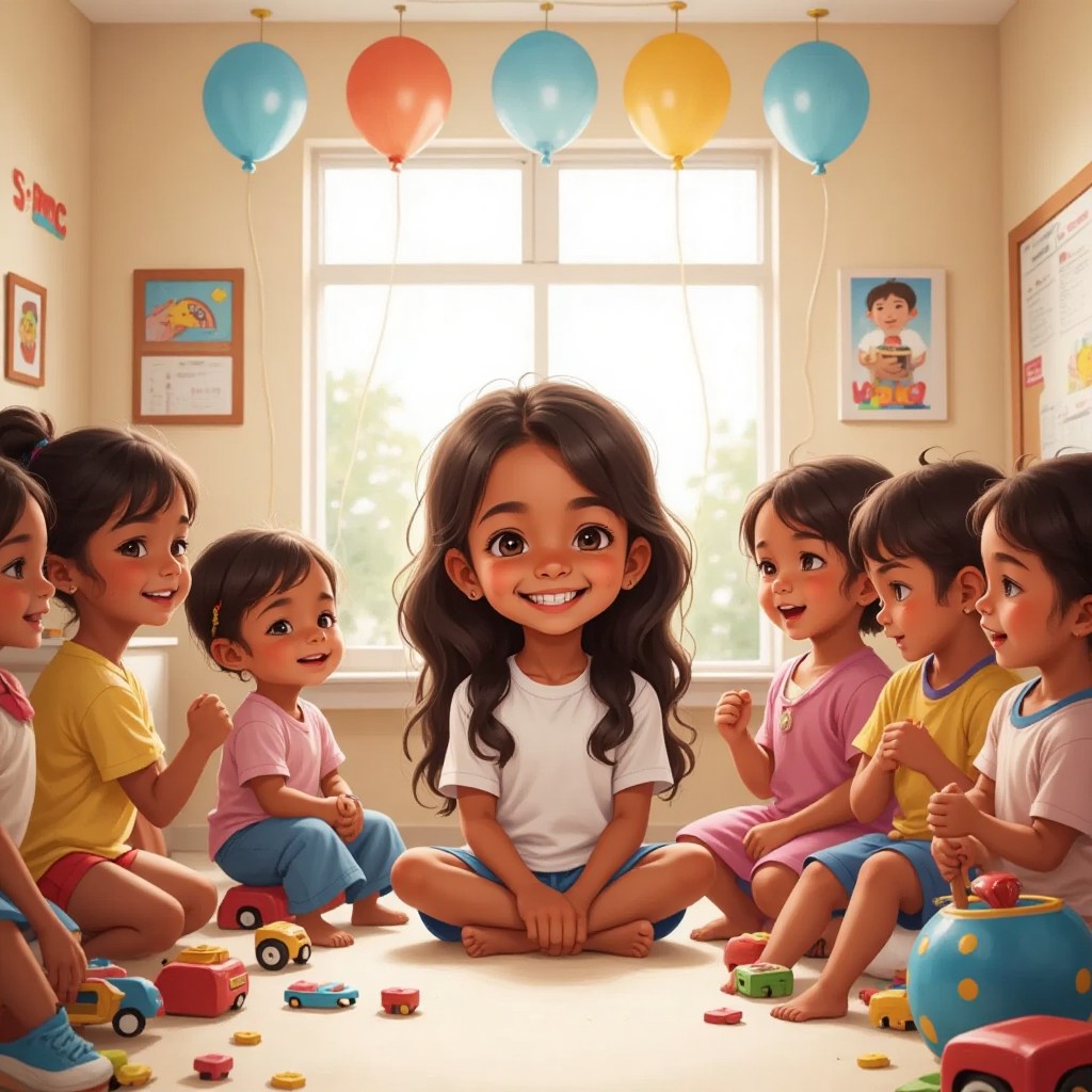 Yazhini in a hospital room, surrounded by smiling children, with balloons and toys around