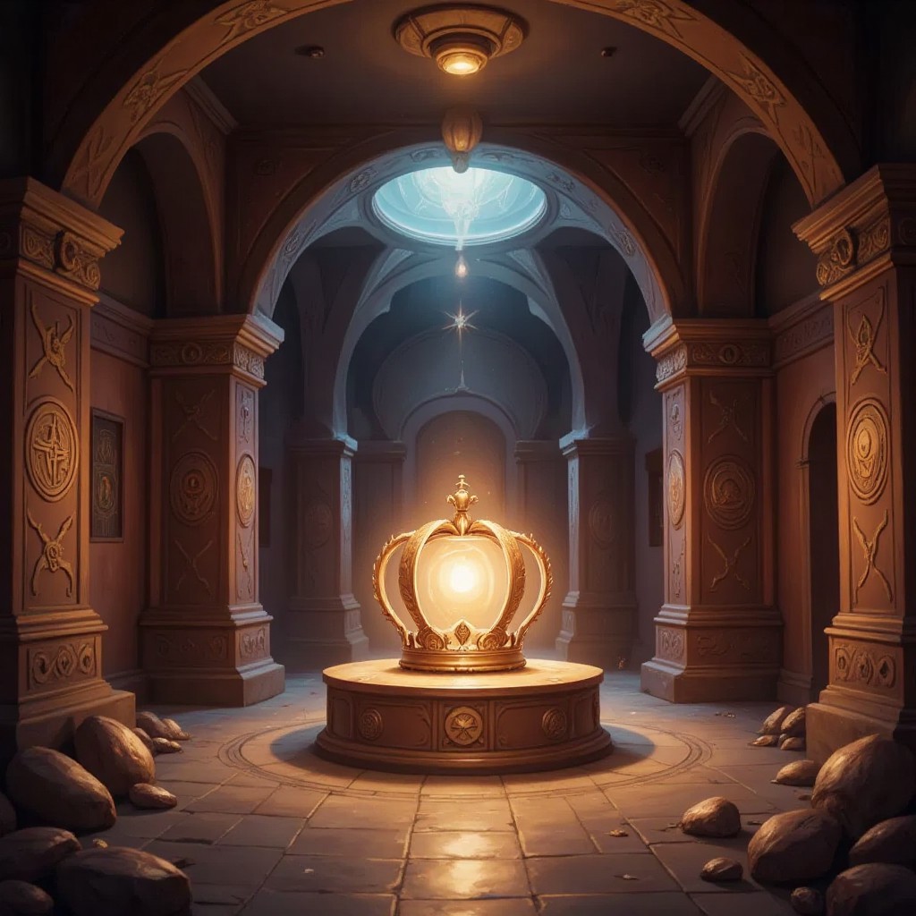 The magical chamber with the fully restored, brightly glowing crown on its pedestal
