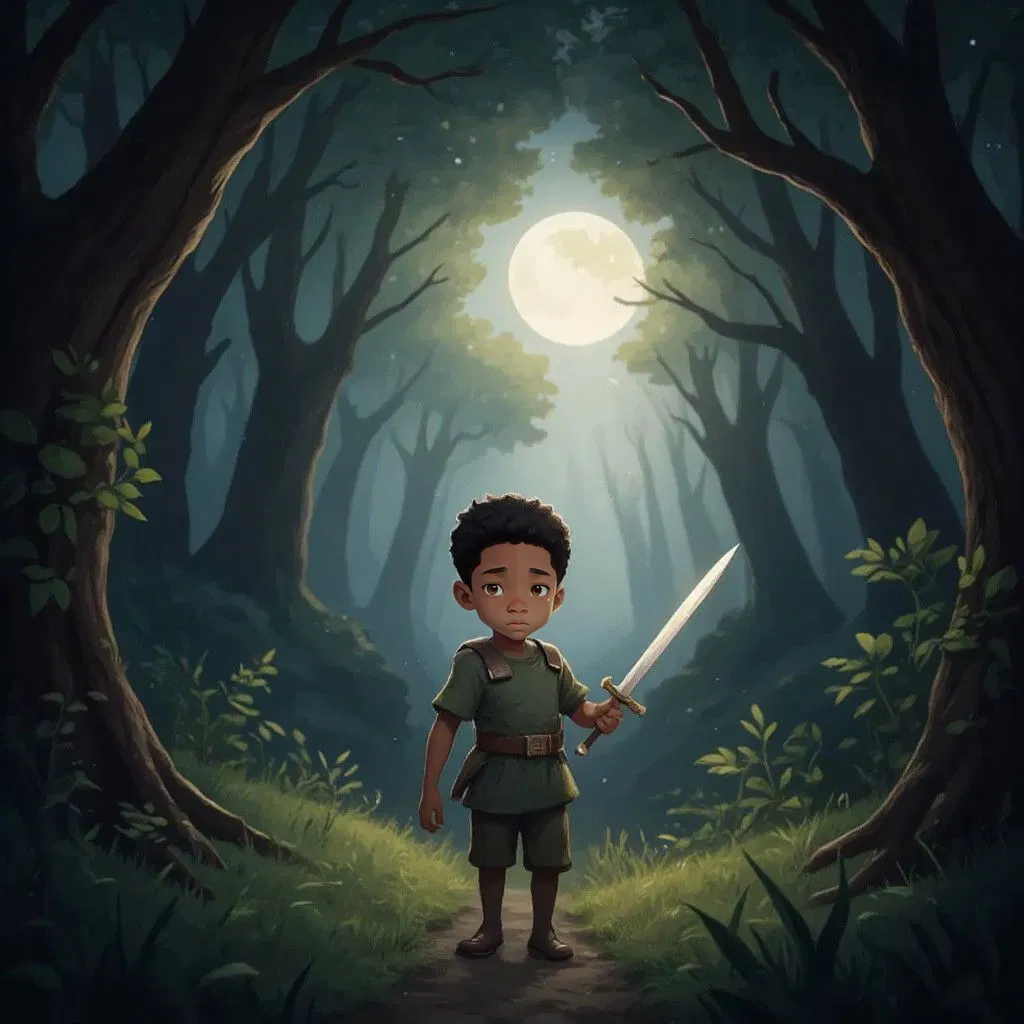 Jeremiah Johnikin walking through a dark forest, holding a sword, with moonlight filtering through the trees.