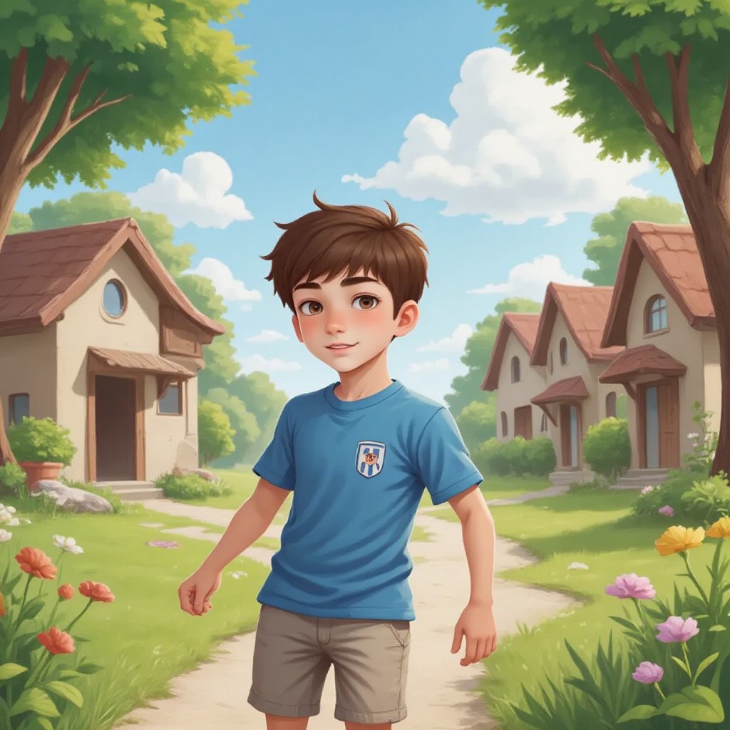 A smiling Aqma walking on a village path with trees and houses in the background, sunny sky above