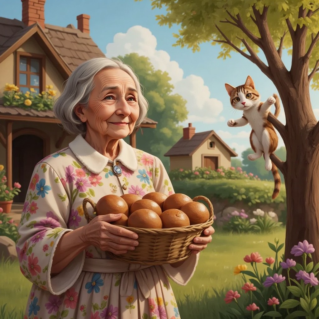 The Old Lady with the sad face wearing a floral dress stands below holding freshly baked buns and there is a cat in tree branches