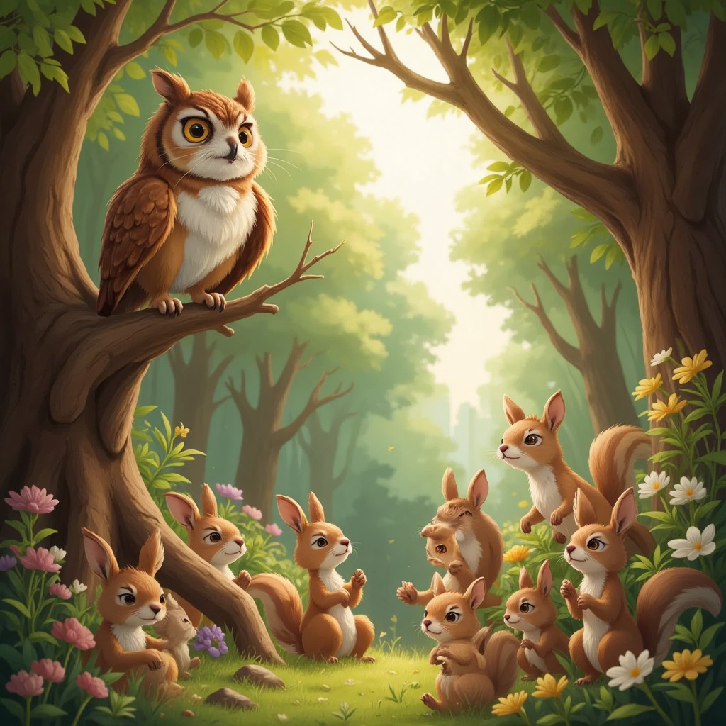 A wise old owl perched on a tree branch in a lively forest, announcing a special event to a gathering of animals below.