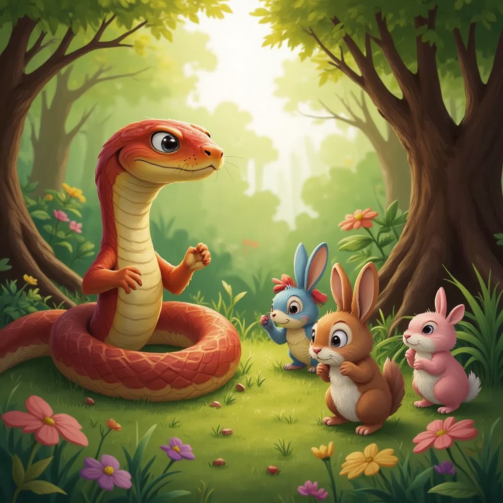 A boastful snake with a confident expression, surrounded by other animals preparing quietly in the forest.