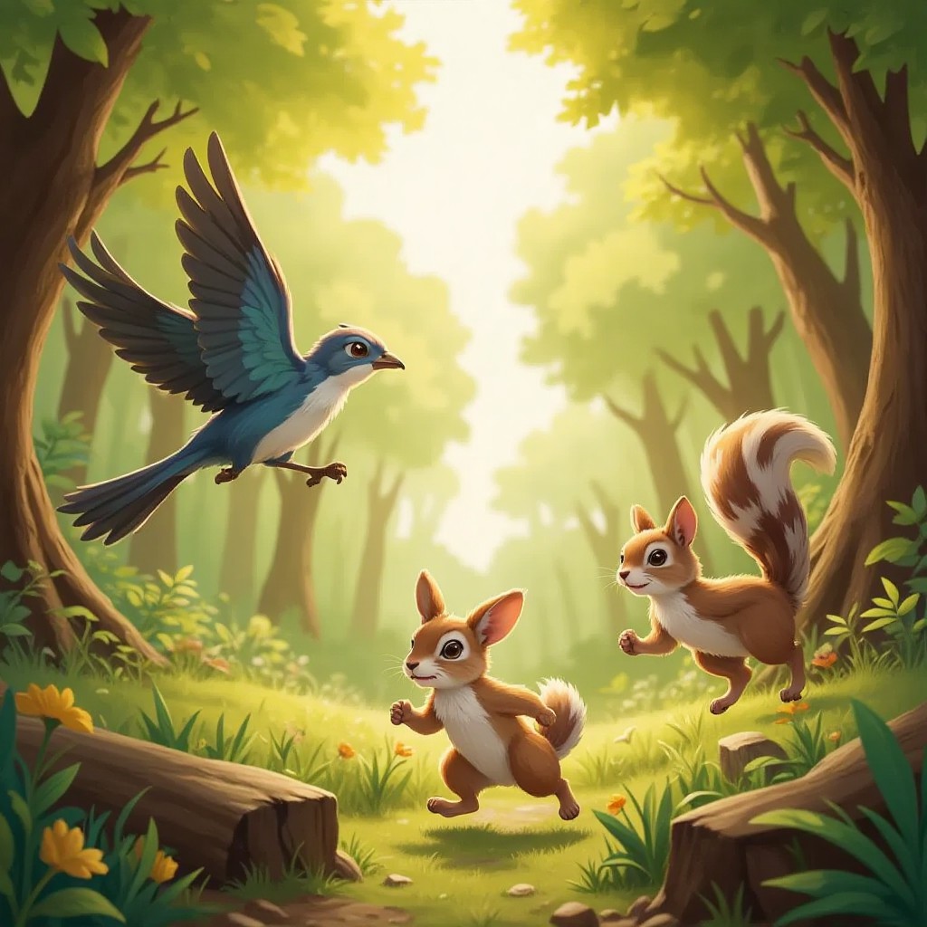 A bird flying swiftly, a rabbit hopping energetically, and a squirrel zigzagging skillfully at the starting line of a forest race.