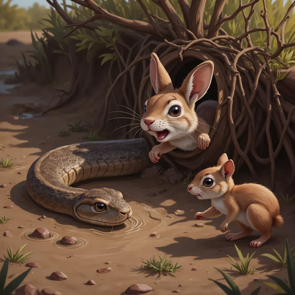 A snake struggling in a wide muddy patch, while a rabbit caught in a thorn bush cries out for help, with a squirrel rushing to assist.