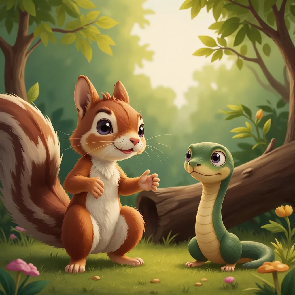 A squirrel explaining the importance of helping others to a surprised snake, with a fallen log behind them.