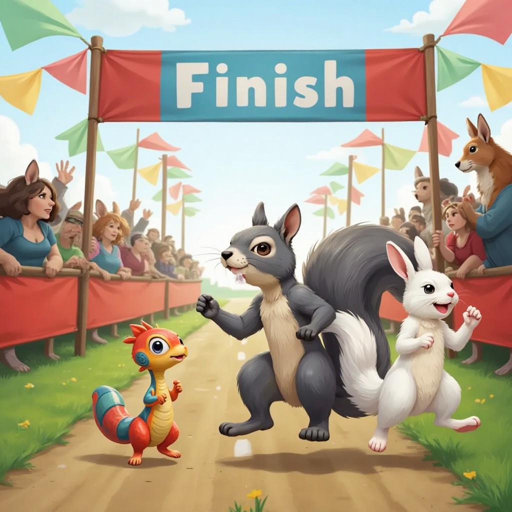 All the animals racing toward the finish line together, with the fish crossing first. A happy snake thanking the squirrel and rabbit.