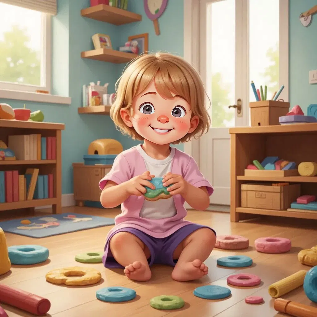 Olivia sitting on the floor with colorful play dough around her, shaping a donut with a joyful expression