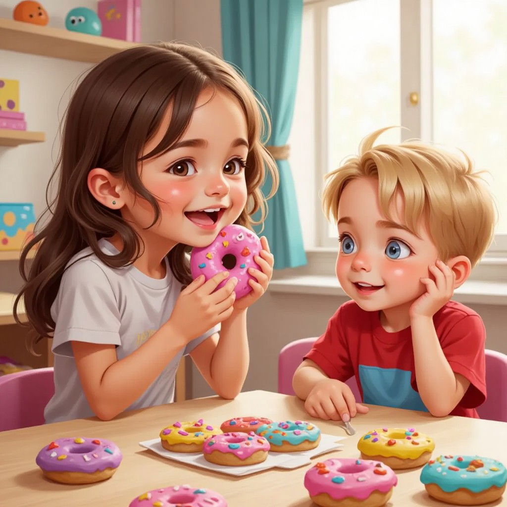 Olivia and a boy with short brown hair, Jack, sitting at a table full of colorful play dough donuts, Olivia holding a pink donut with sprinkles