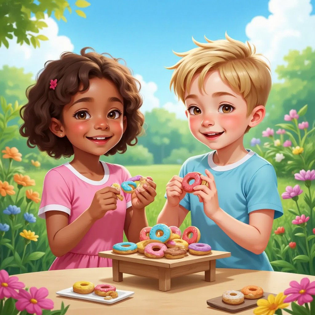 Olivia and Jack standing behind a small table in a garden, displaying colorful play dough donuts with excited expressions