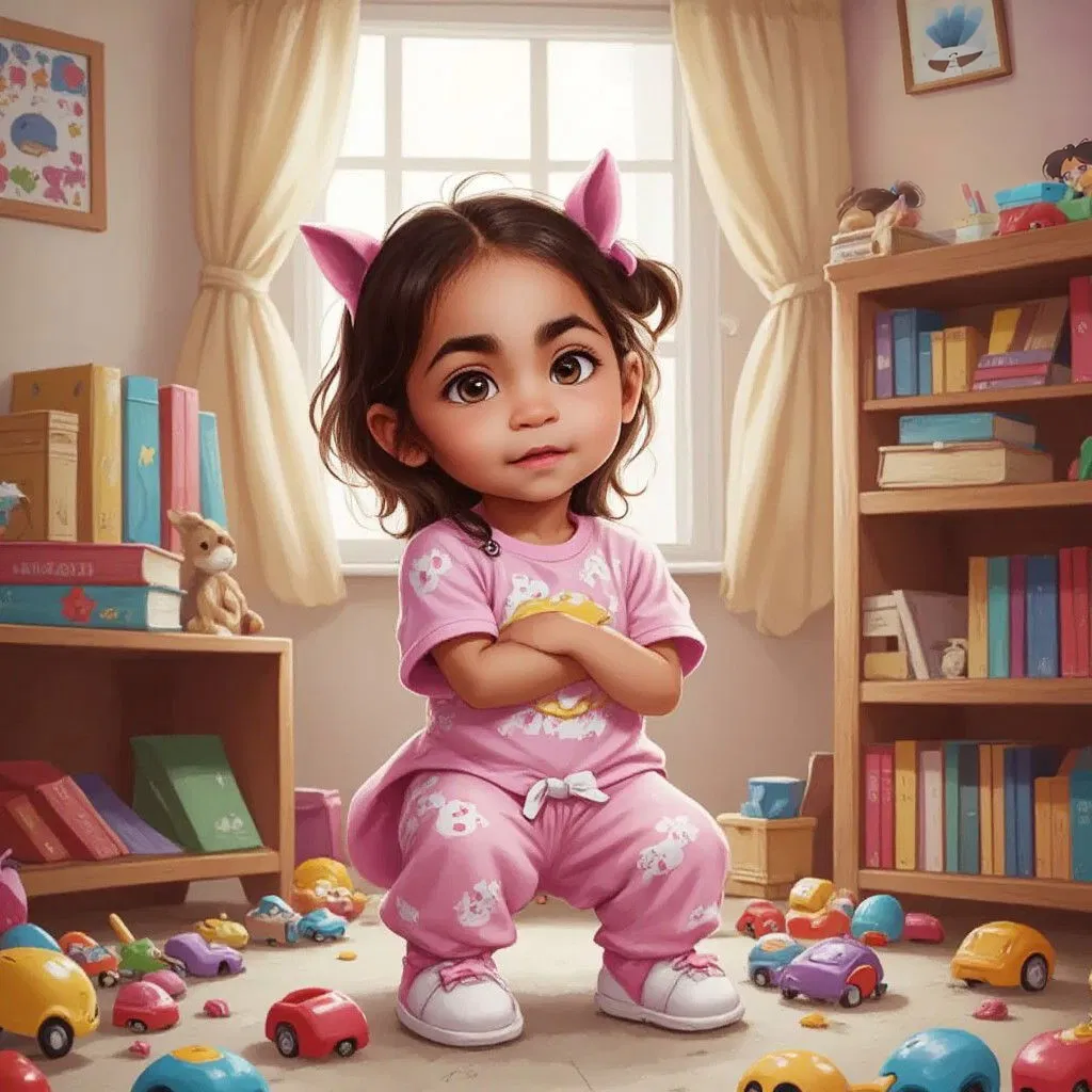 Kaylee frowning with her arms crossed, surrounded by toys and books in her room