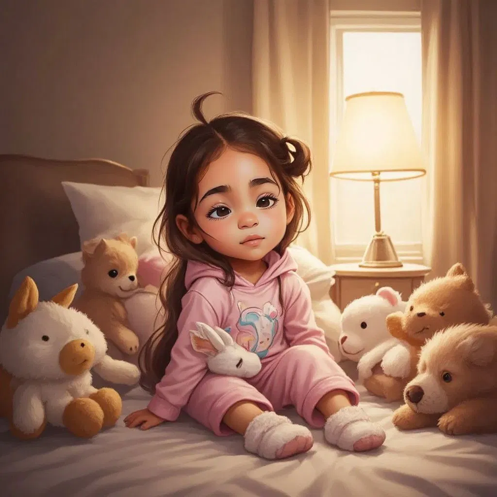 Kaylee yawning with heavy eyelids, surrounded by cozy stuffed animals in a softly lit room