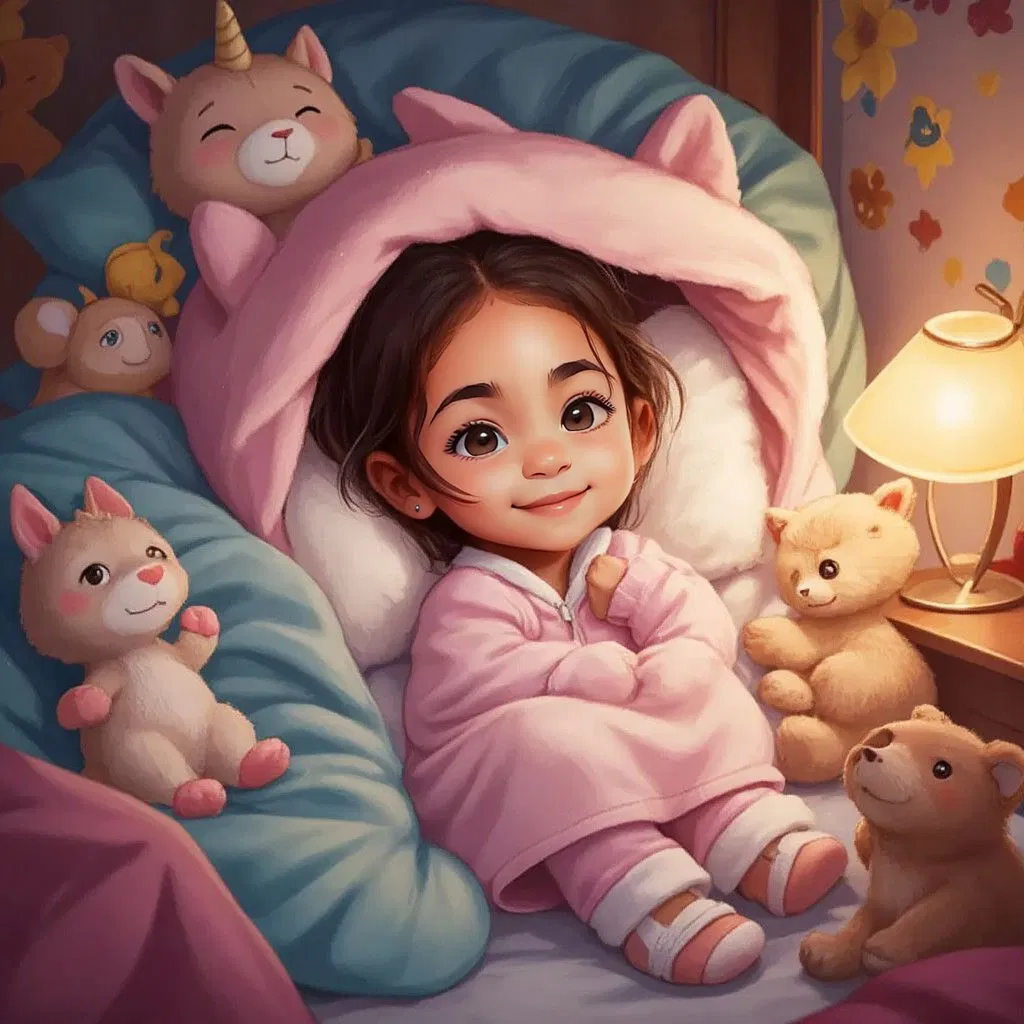 Kaylee snuggled under warm blankets, smiling in her sleep with stuffed animals around her