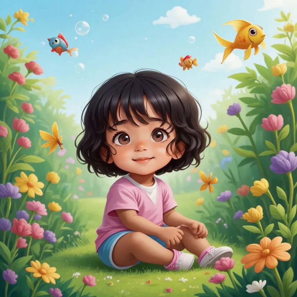 Ekaa sitting in her garden, surrounded by colorful flowers, imagining herself as a scuba diver with colorful fish around her