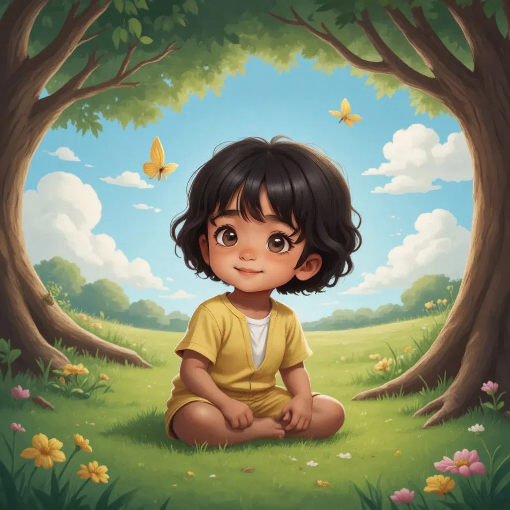 For the illustration:    Picture a serene outdoor setting with a sprawling, ancient tree at the center. Its thick trunk and wide, leafy branches provide a cool, inviting shade. Ekaa, a bright-eyed two-year-old girl, sits cross-legged on a soft, grassy patch under the tree. The grass is vibrant green, sprinkled with tiny yellow and pink wildflowers, adding cheerful pops of color.    Ekaa's expression is one of pure wonder. She gazes up at the sky, her face lit with curiosity and a hint of a smile. Her small hands rest under her chin, supporting her as she leans forward slightly, completely captivated by the scene above. She wears a colorful outfit—perhaps a yellow top and denim overalls—that complements the playful, whimsical tone of the scene.    Above her, the sky is a rich, endless blue filled with fluffy white clouds. Each cloud is shaped into a different profession: a pilot’s airplane with wings stretching wide, a chef’s hat with a whisk floating beside it, an artist’s palette with splashes of rainbow paint, and a rocket blasting upward, leaving a trail of misty "smoke." There’s also a scuba diver with tiny bubbles floating upward, a doctor’s stethoscope coiled gently, and a teacher’s chalkboard with faintly sketched letters.    A gentle breeze seems to move through the scene, suggested by the way the leaves of the tree sway slightly and a small butterfly flutters near Ekaa. The sunlight streams through the branches in soft golden rays, creating a warm, dreamy atmosphere.    The overall illustration feels magical, as if the tree and the sky are alive, encouraging Ekaa to dream big and embrace the endless possibilities of what she can become.