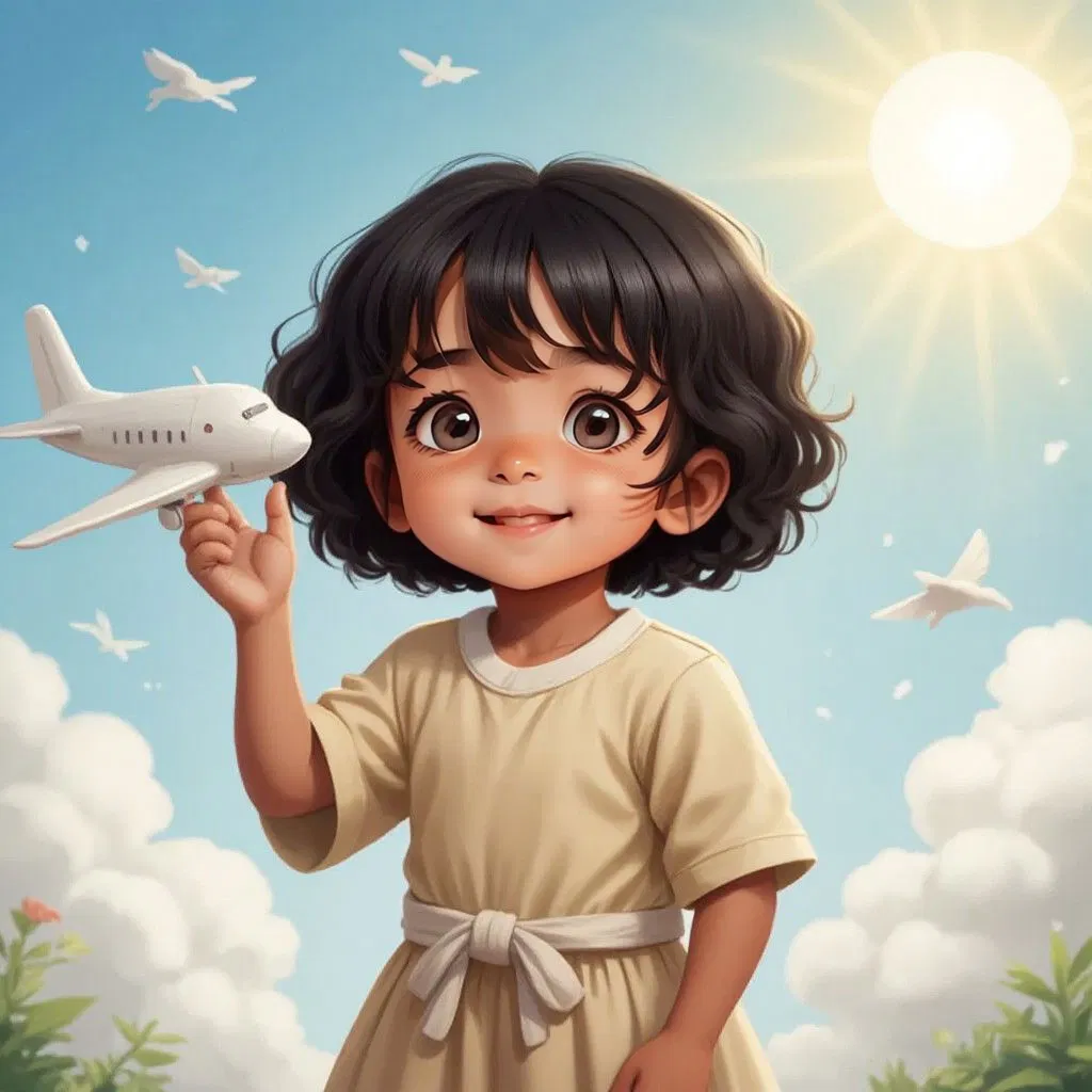 Ekaa imagining herself as a pilot, with a toy airplane in her hand, fluffy clouds and a bright sun in the background