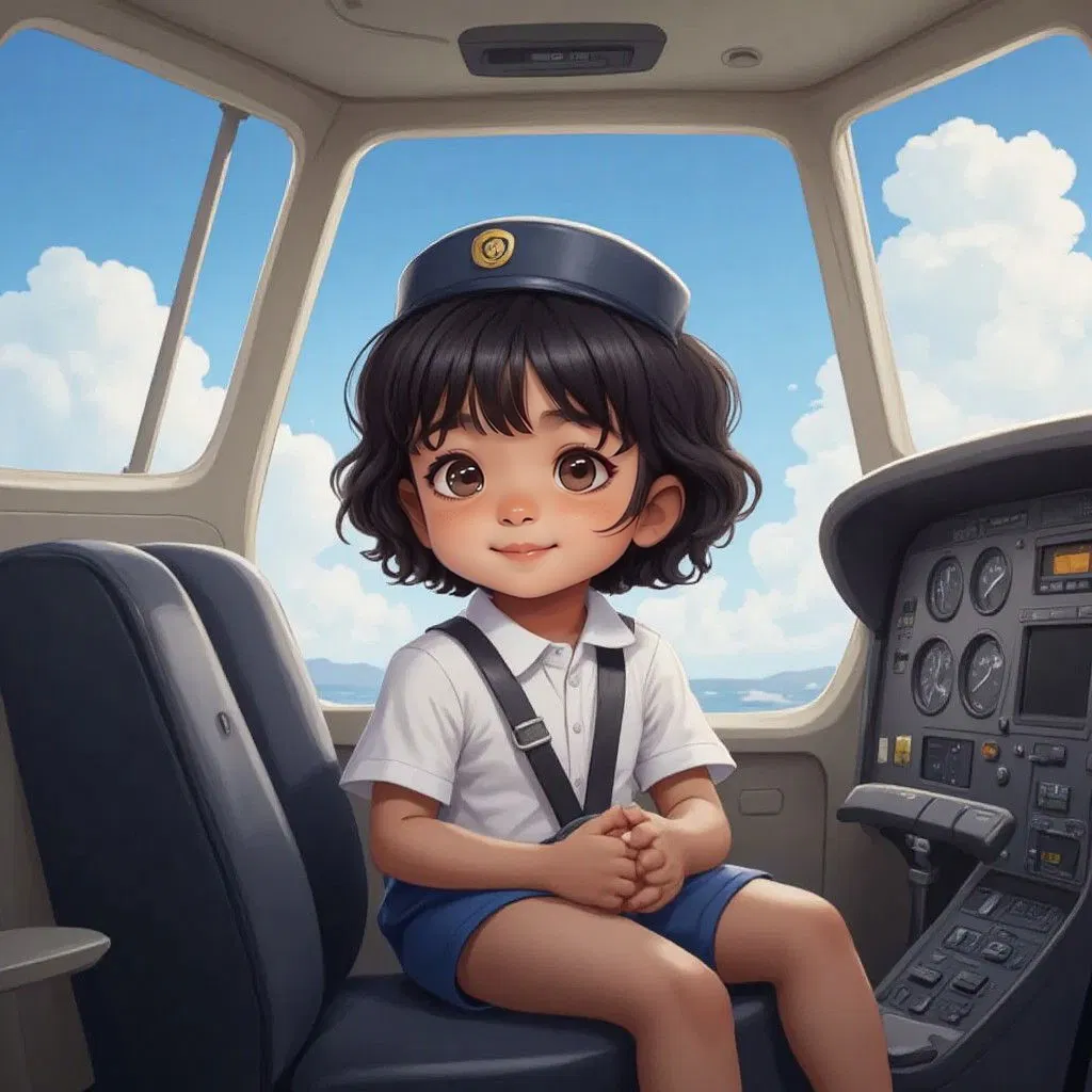 Ekaa imagining herself as a pilot, wearing a pilot costume and sitting in cockpit of an airplane