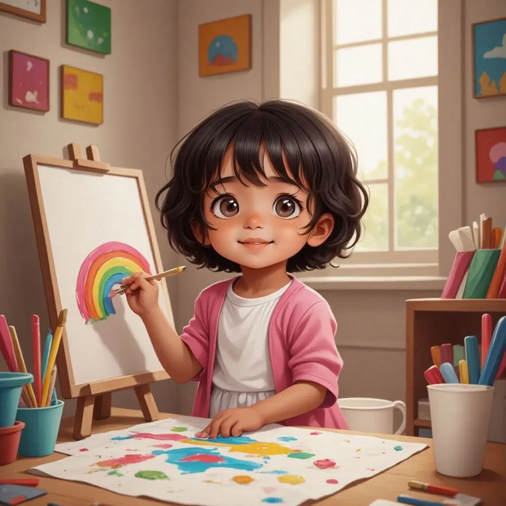 Ekaa painting a vibrant rainbow on a canvas, her room filled with colorful paintings