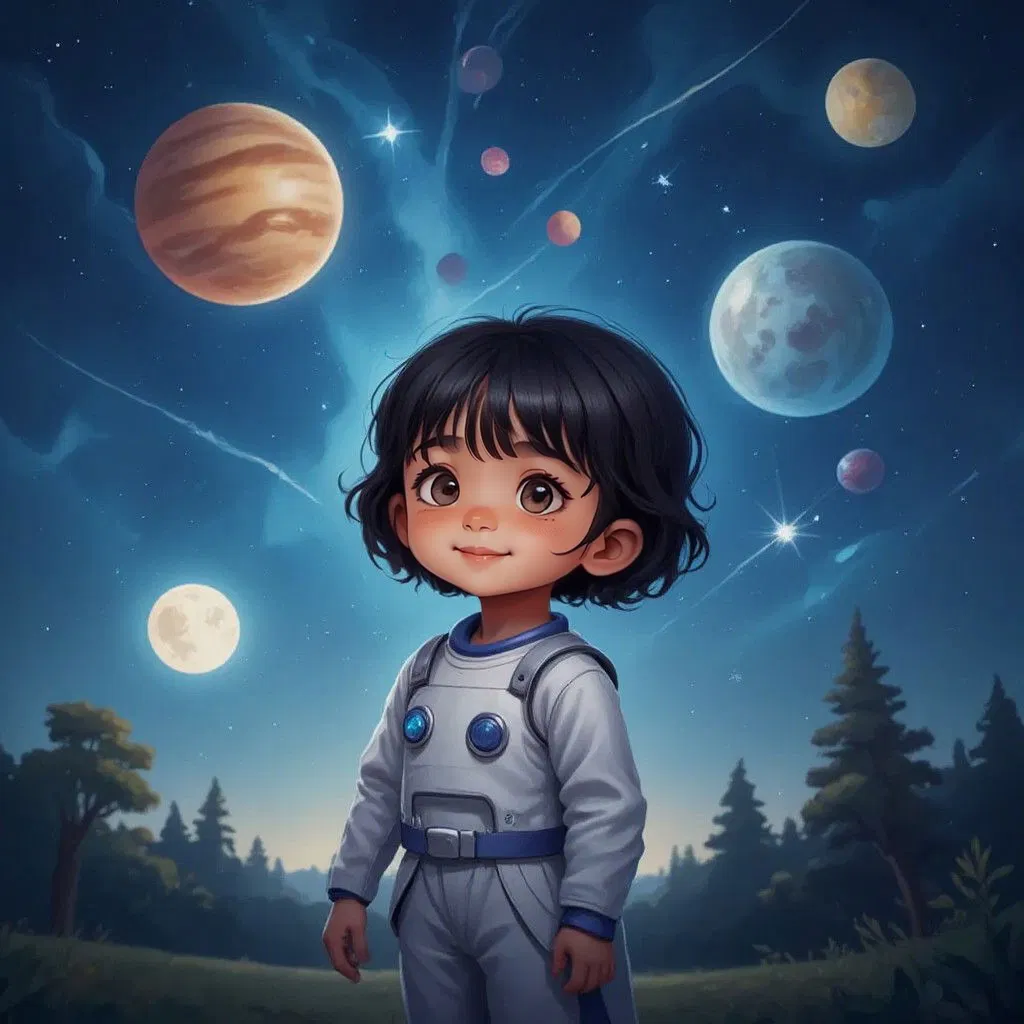 Ekaa looking up at the stars, wearing an astronaut costume, with planets and stars in the sky